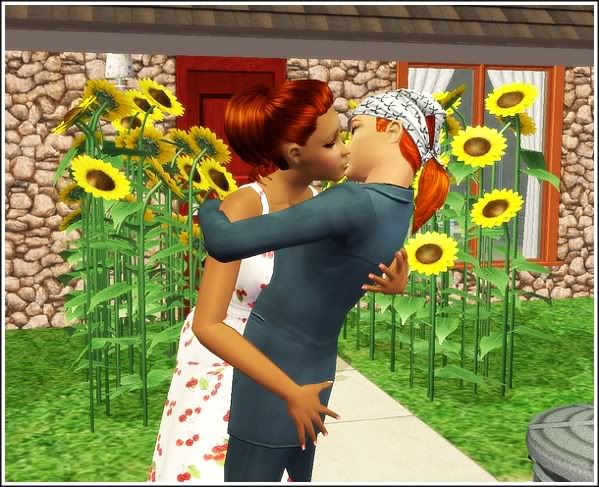 Rose and Carl kiss at their new home.